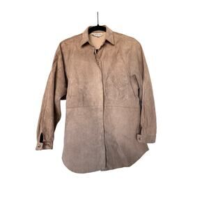 Maglia Womens Tan Genuine Suede Leather Button Down Shirt Shacket Vintage M